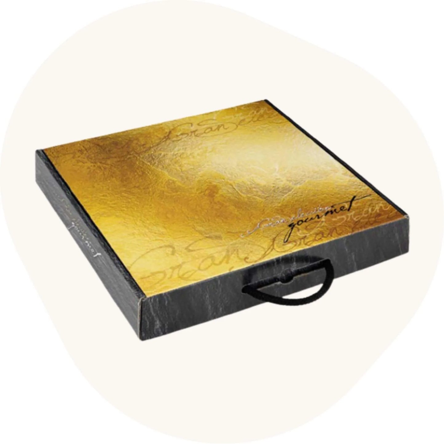 Elegante schwarze Geschenkbox mit goldenem Deckel und Aufschrift „Selección Gourmet“, geeignet für spanische Delikatessen.