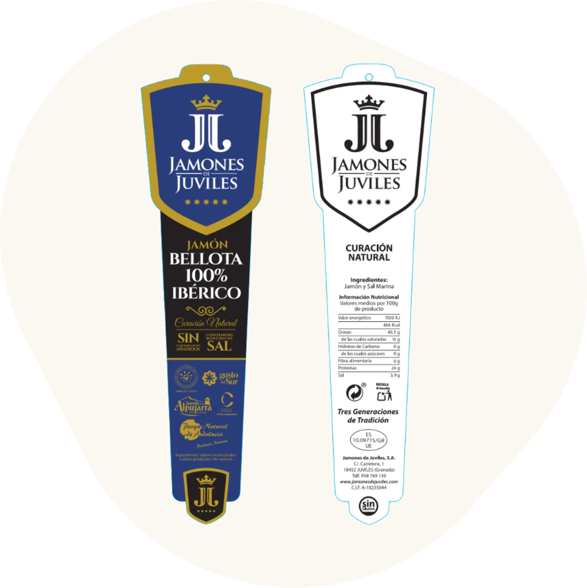 Etikett des Jamón Bellota 100 % Ibérico von Jamones de Juviles – Vorderseite in Schwarz und Blau mit goldenen Details, Rückseite mit Nährwertangaben und Zutaten.