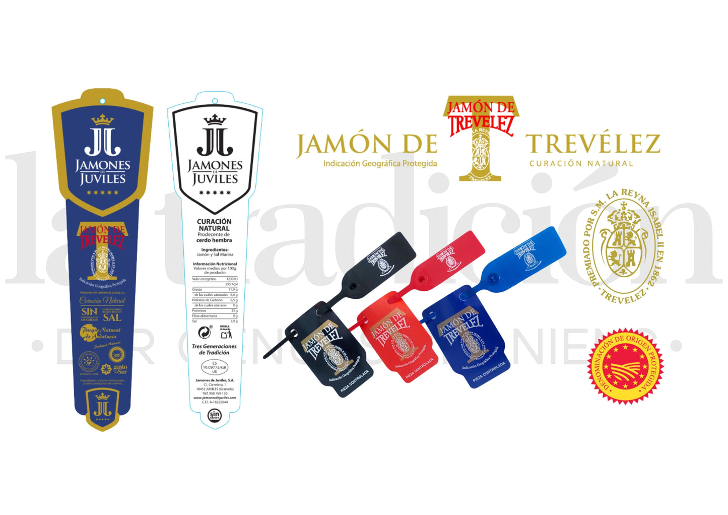 Etiketten und Siegel des Jamón de Trevélez g.U. – Qualitätskennzeichnungen in Blau, Rot und Schwarz, traditionelle Zertifizierung aus der Sierra Nevada.