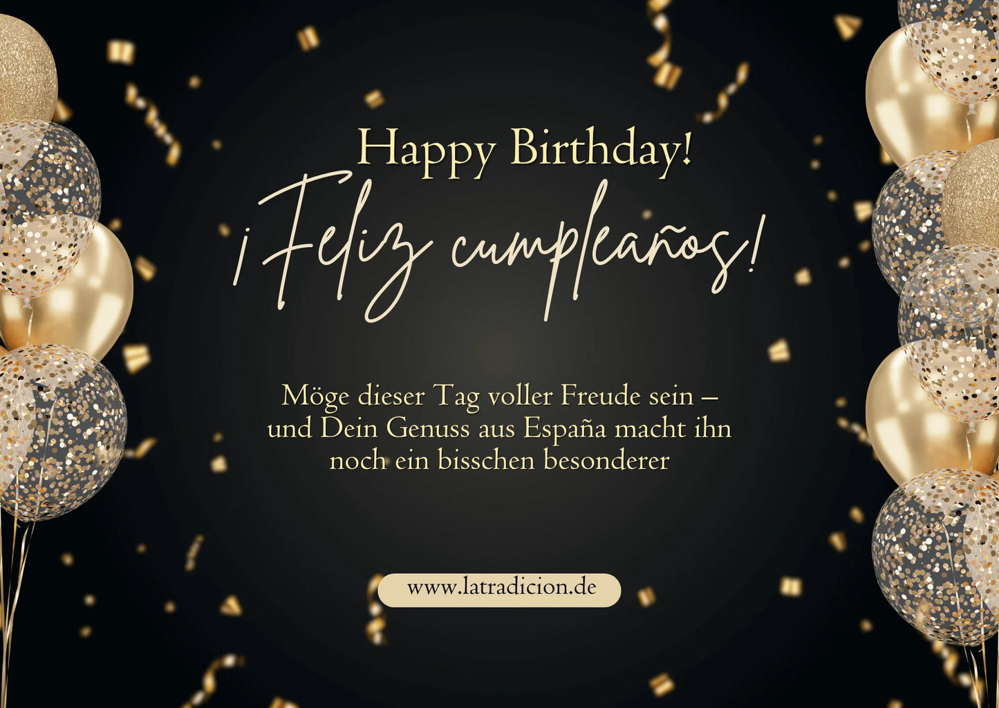 Geburtstagskarte in Schwarz und Gold mit Ballons und spanischem Genussgruß.