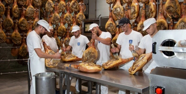 Handwerksmeister von Jamones de Juviles prüfen und bearbeiten in der Werkstatt sorgfältig Serrano- und Ibérico-Schinken während des Reifeprozesses