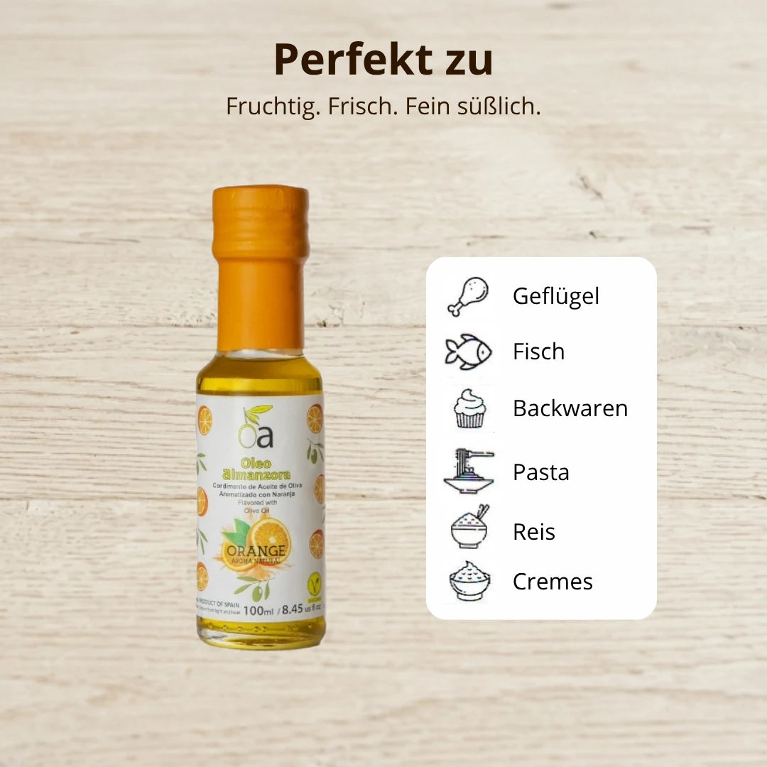 Olivenoel mit Orange – fruchtig und leicht suesslich, ideal fuer Gefluegel, Fisch, Backwaren, Pasta, Reis und Cremes