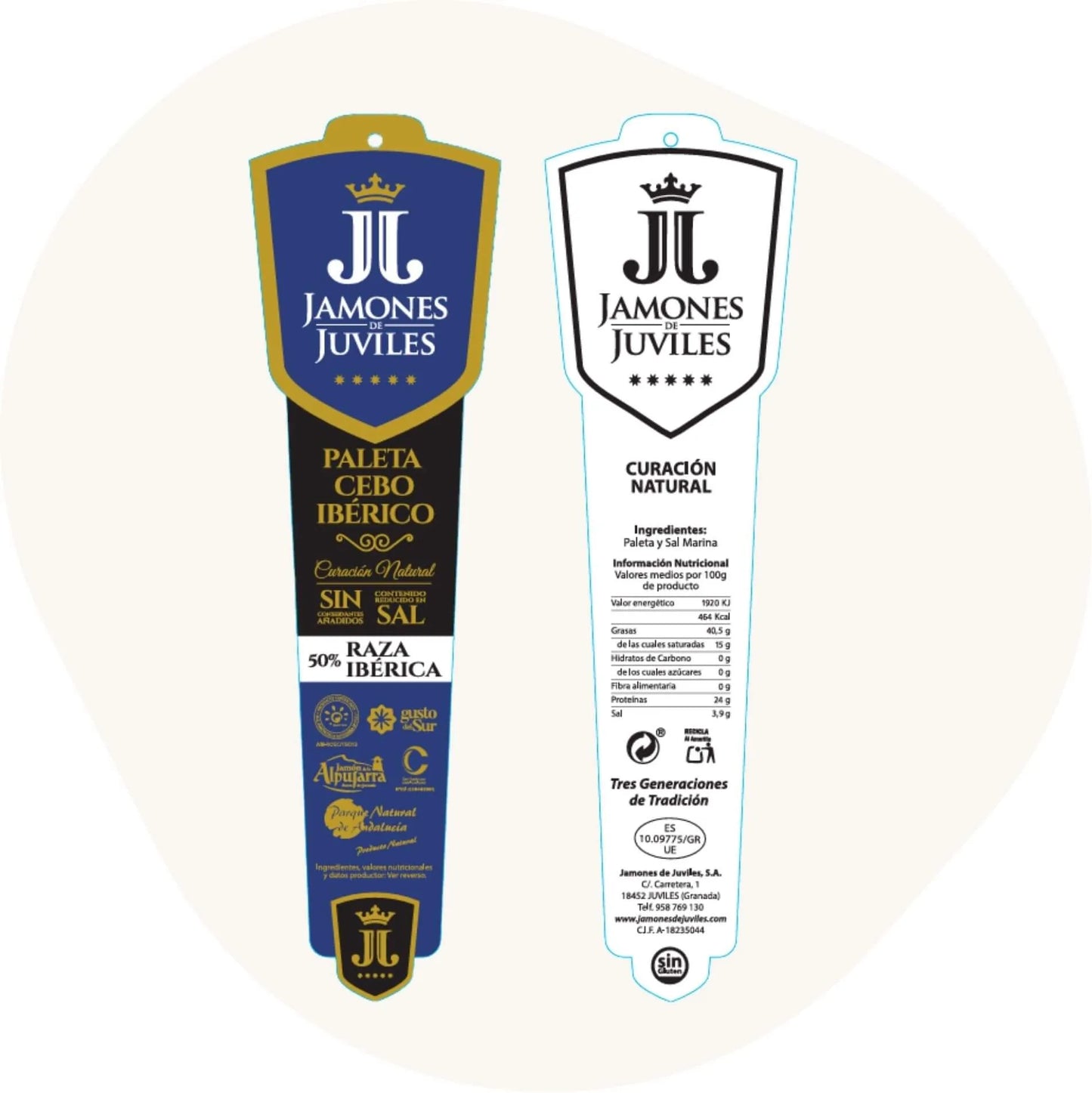 Produktetiketten Paleta Cebo Ibérico 50 % Raza Ibérica von Jamones de Juviles – Vorderseite in Blau-Schwarz mit Qualitätsangaben, Rückseite mit Zutaten und Nährwertinformationen.