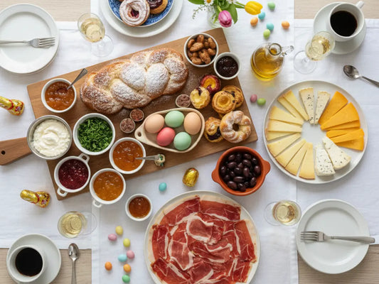 Festlich gedeckter Tisch mit Iberico Schinken, spanischem Käse, Oliven, Gebäck, Marmelade und Wein für einen mediterranen Brunch.