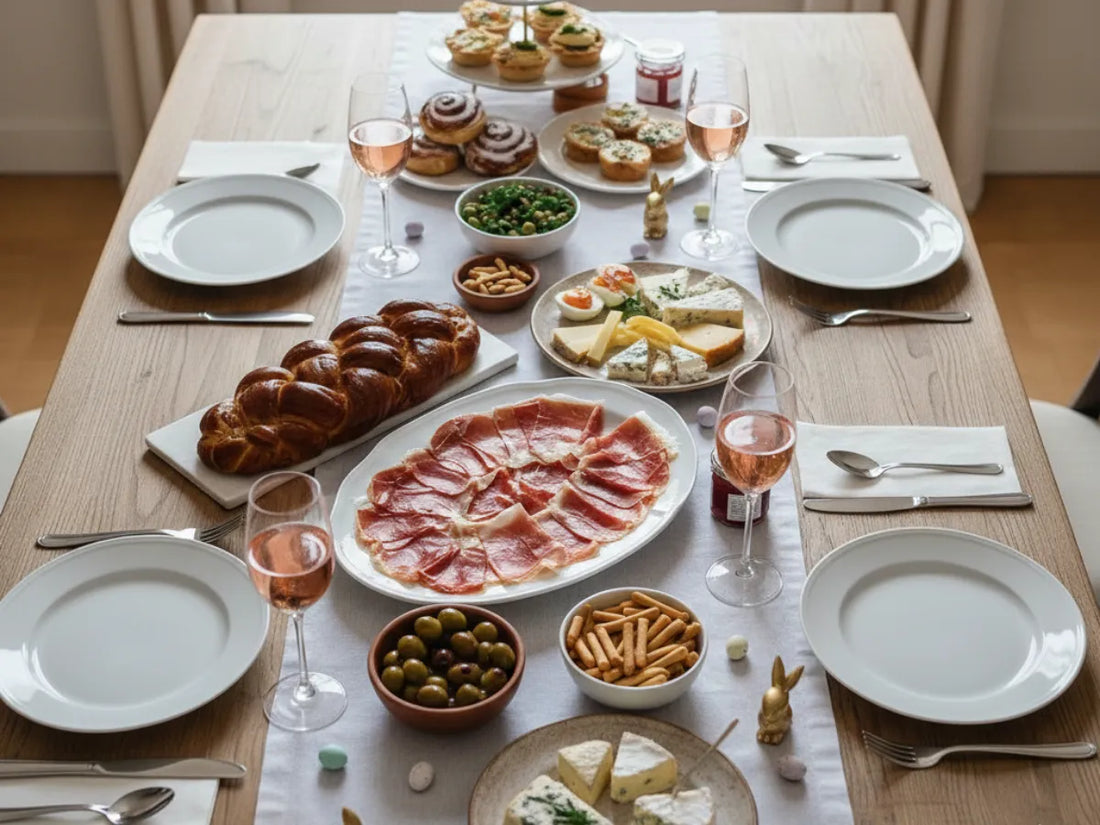 Festlich gedeckter Tisch mit Iberico Schinken, spanischem Käse, Oliven, Gebäck und Roséwein für einen mediterranen Brunch.
