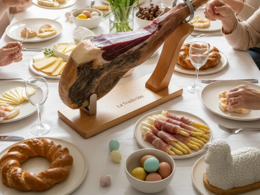 Iberico Schinken am Jamonero auf festlich gedecktem Tisch mit Käse, Brot und Tapas beim gemeinsamen Essen.