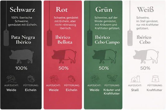 Grafische Übersicht der vier offiziellen Brida-Farben beim iberischen Schinken: Schwarz (Pata Negra 100 % Ibérico), Rot (Ibérico Bellota), Grün (Ibérico Cebo Campo) und Weiß (Ibérico Cebo) mit Erklärung zu Aufzucht, Fütterung und Rasseanteil.