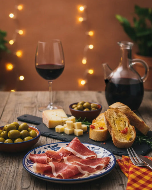Spanische Tapas mit Iberico Schinken, Manchego Käse, Oliven, geröstetem Brot und Rotwein auf rustikalem Holztisch.