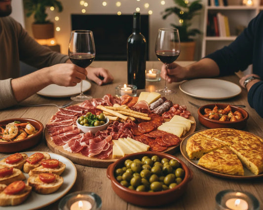  Romantisches Tapas-Dinner zu zweit: Holzbrett mit Jamón, Chorizo, Käse und Oliven, umgeben von Gambas, Tortilla und Tostadas, dazu Rotwein und Kerzen.