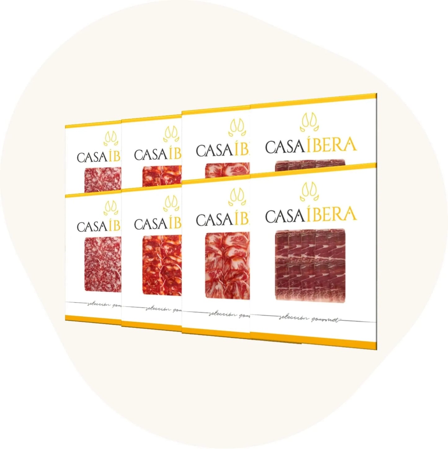 8er-Set spanischer Ibérico-Aufschnitt 2 Vorderschinken, 2 Chorizo, 2 Salami und 2 Schweinelende von Casa Íbera in eleganter Verpackung.
