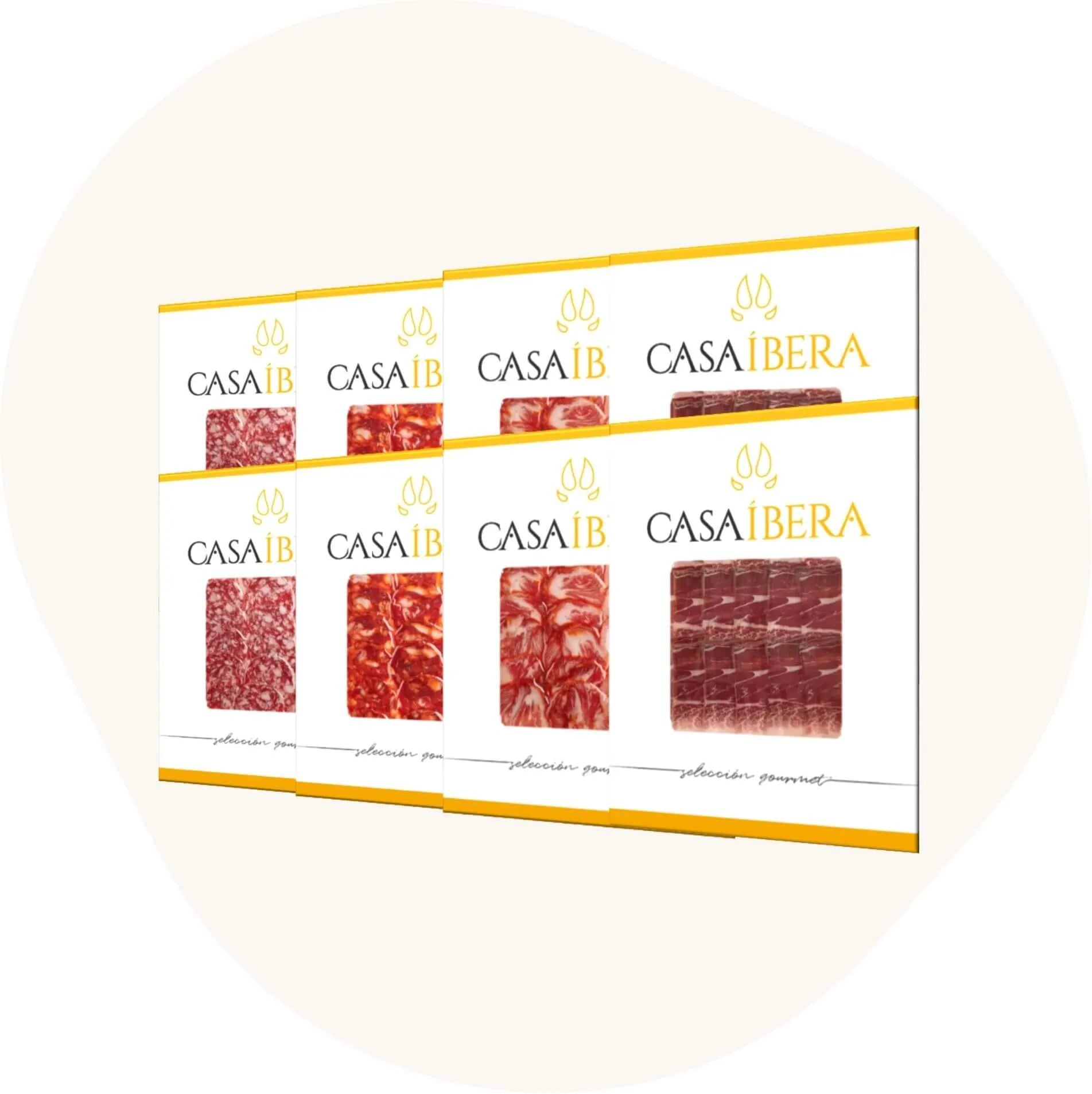 8er-Set spanischer Ibérico-Aufschnitt 2 Vorderschinken, 2 Chorizo, 2 Salami und 2 Schweinelende von Casa Íbera in eleganter Verpackung.