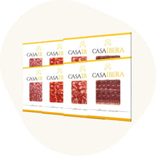 8er-Set spanischer Ibérico-Aufschnitt 2 Vorderschinken, 2 Chorizo, 2 Salami und 2 Schweinelende von Casa Íbera in eleganter Verpackung.