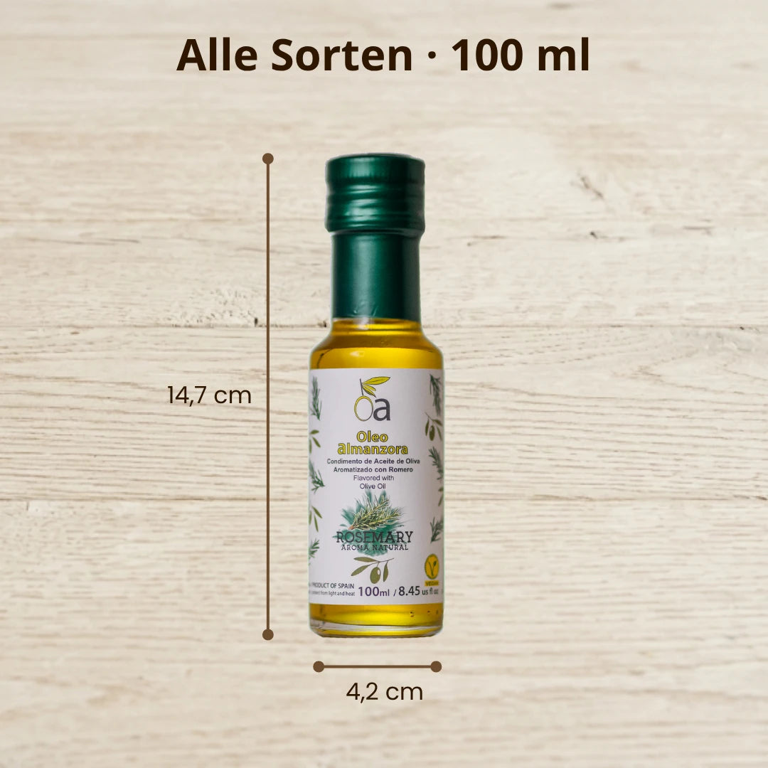 Aromatisiertes Olivenoel 100 ml Flasche mit Groessenangaben – kompakte Gourmet Oele verschiedene Sorten