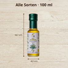 Aromatisiertes Olivenoel 100 ml Flasche mit Groessenangaben – kompakte Gourmet Oele verschiedene Sorten
