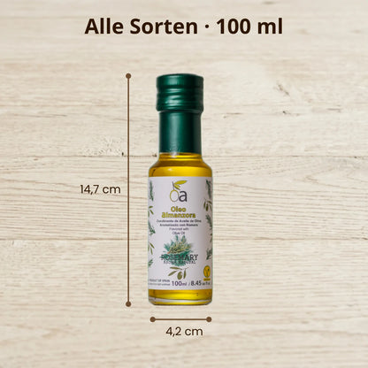Aromatisiertes Olivenoel 100 ml Flasche mit Groessenangaben – kompakte Gourmet Oele verschiedene Sorten