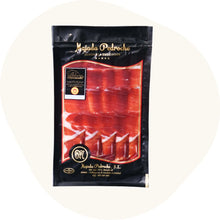 Aufschnittpackung Pata Negra Schinken  D.O.P. Los Pedroches. Handgeschnittene Scheiben im schwarzen Beutel von Majada Pedroche
