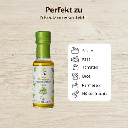 Olivenoel mit Basilikum – frisch und mediterran, perfekt fuer Salate, Kaese, Tomaten, Brot, Parmesan und Huelsenfruechte