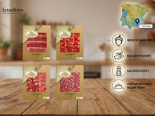 Vier Bio Iberico Aufschnittsorten aus Spanien, luftgetrocknet in Höhenlagen und aus zertifizierter Produktion.