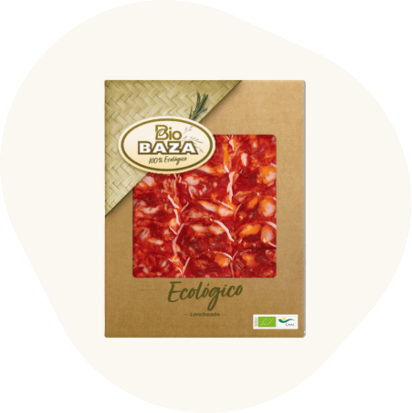 Bio Ibérico Chorizo, rote Paprika-Embutido-Scheiben in nachhaltiger Verpackung, auf rosa Hintergrund.
