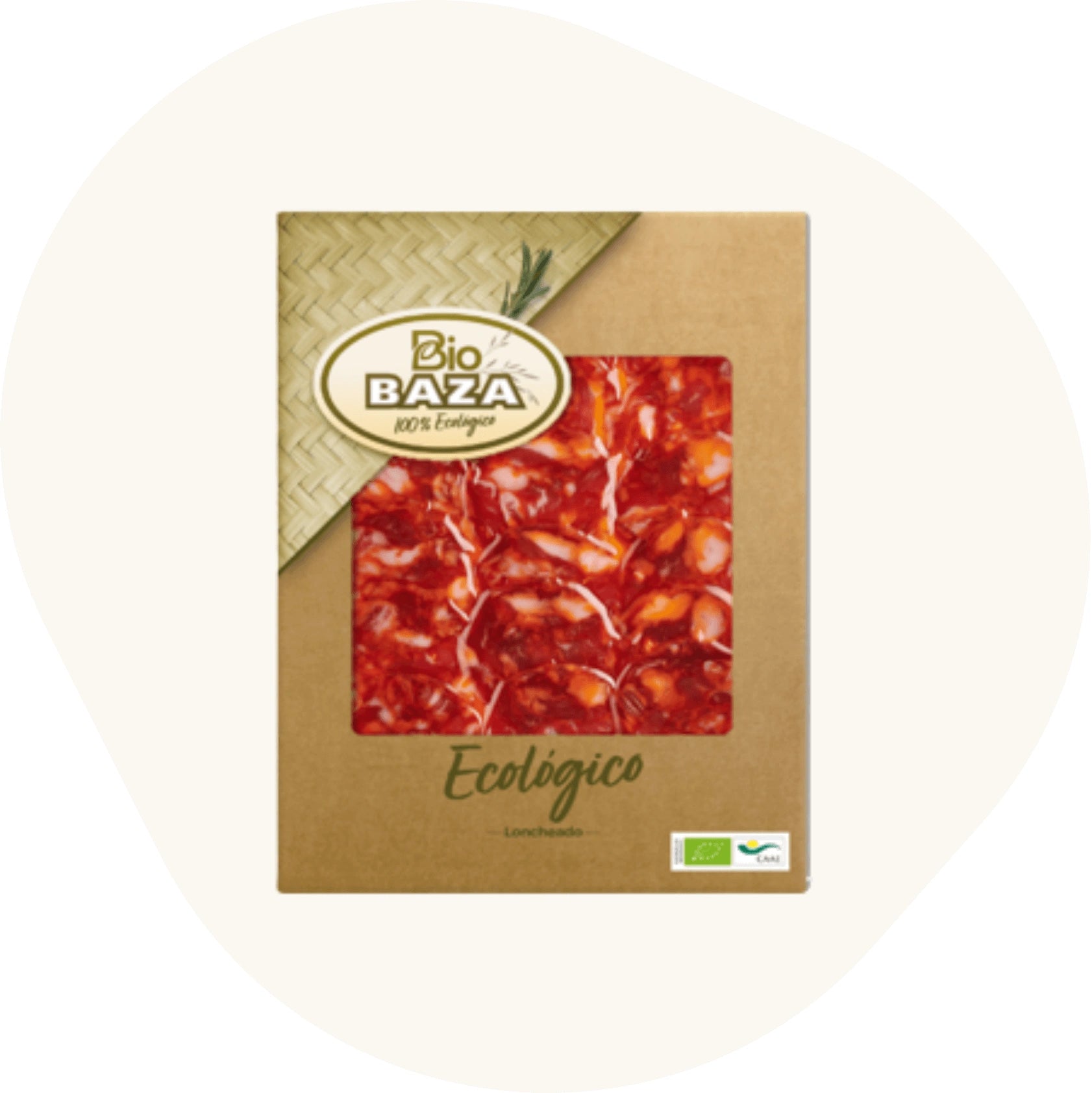 Bio Ibérico Chorizo, rote Paprika-Embutido-Scheiben in nachhaltiger Verpackung, auf rosa Hintergrund.