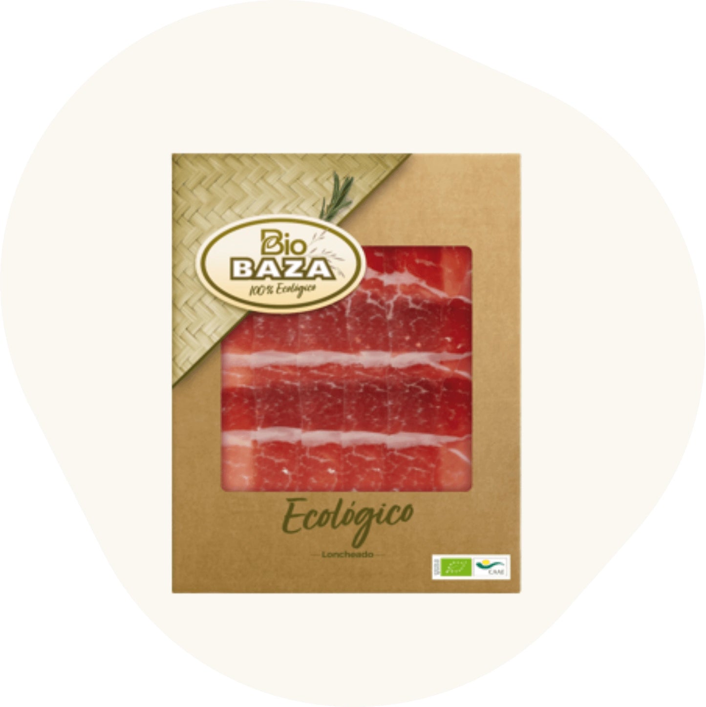 Bio Ibérico Schinken, fein aufgeschnittene Scheiben in ökologischer Verpackung, auf rosa Hintergrund.