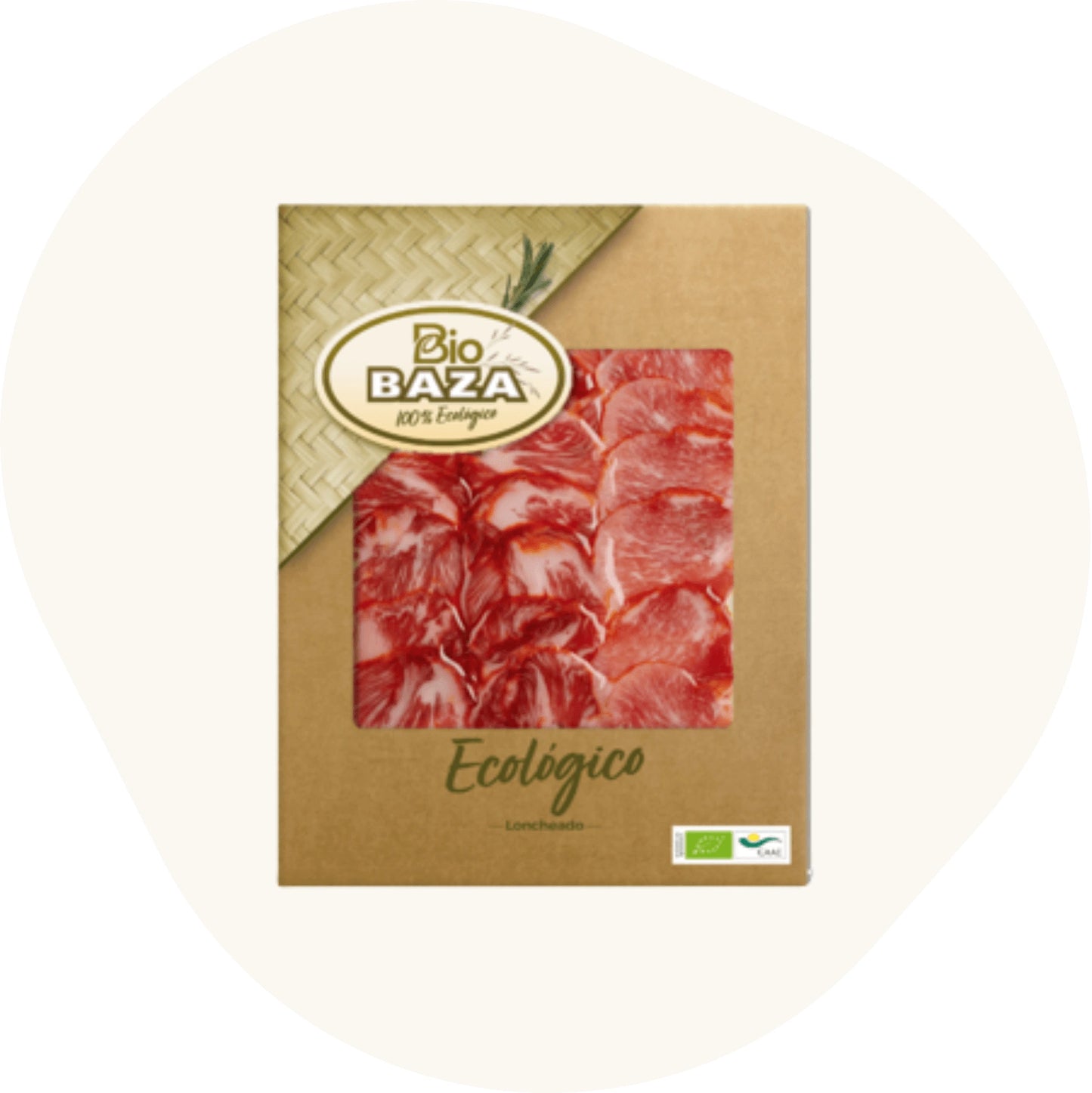 Bio Ibérico Schweinelende, marmorierte Lenden-Aufschnittscheiben in Bio-Verpackung, auf rosa Hintergrund.