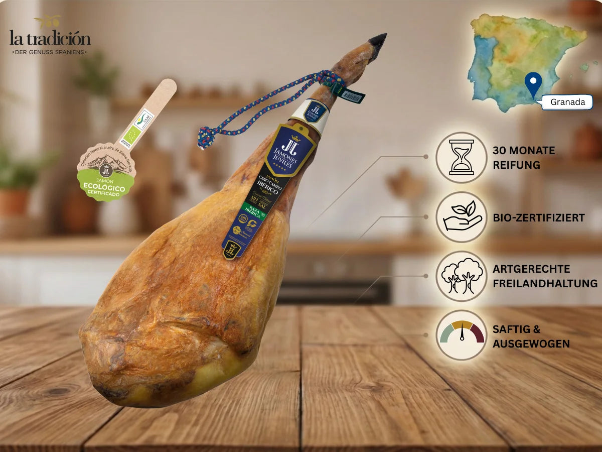 Bio-zertifizierter Jamón Ibérico aus artgerechter Freilandhaltung mit 30 Monaten Reifung und saftig ausgewogenem Geschmack.