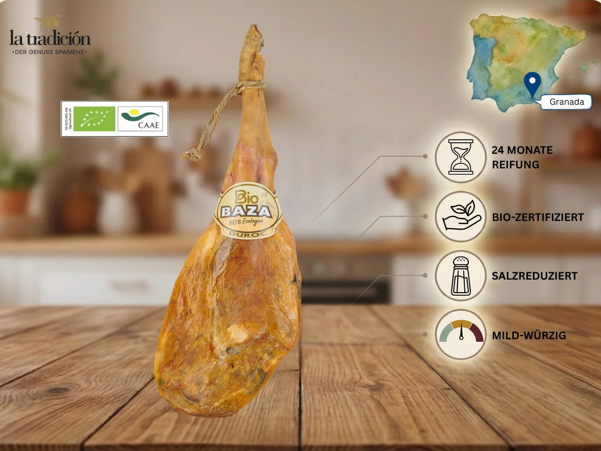Bio-zertifizierter Jamón Serrano Duroc von Baza aus Granada mit 24 Monaten Reifung, salzreduziert und mild-würzigem Aroma.