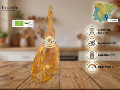 Bio-zertifizierter Jamón Serrano Duroc von Baza aus Granada mit 24 Monaten Reifung, salzreduziert und mild-würzigem Aroma.