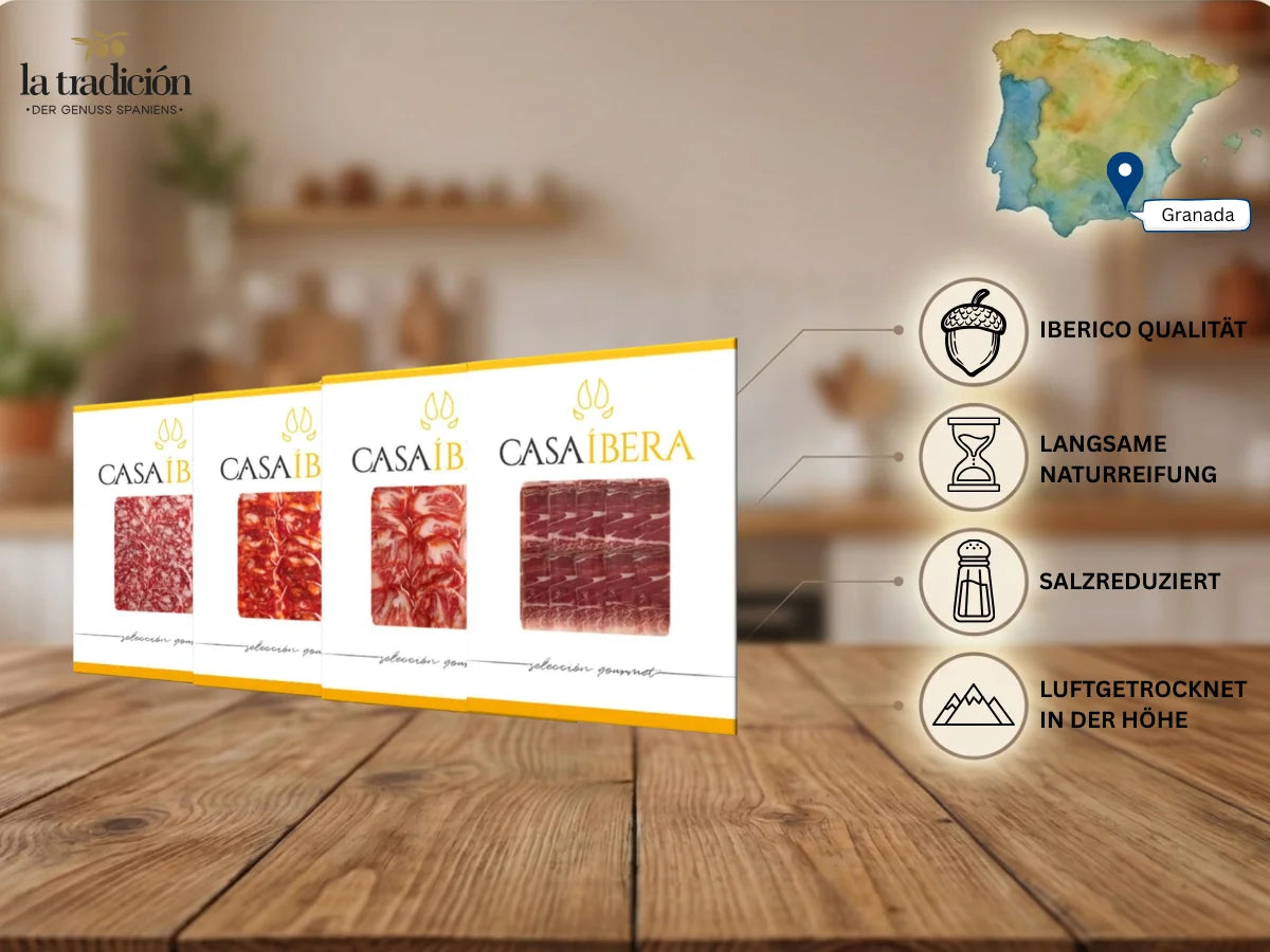 Casa Ibera Auswahl iberischer Wurst- und Schinkenspezialitäten aus Granada mit langsamer Naturreifung.