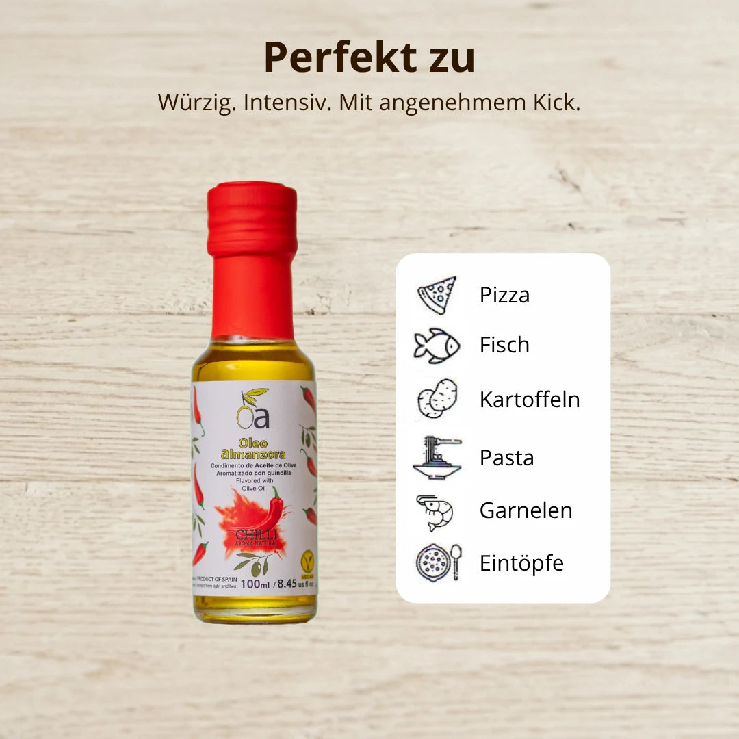 Olivenoel mit Chili – intensiv und wuerzig, ideal fuer Pizza, Fisch, Kartoffeln, Pasta, Garnelen und Eintoepfe