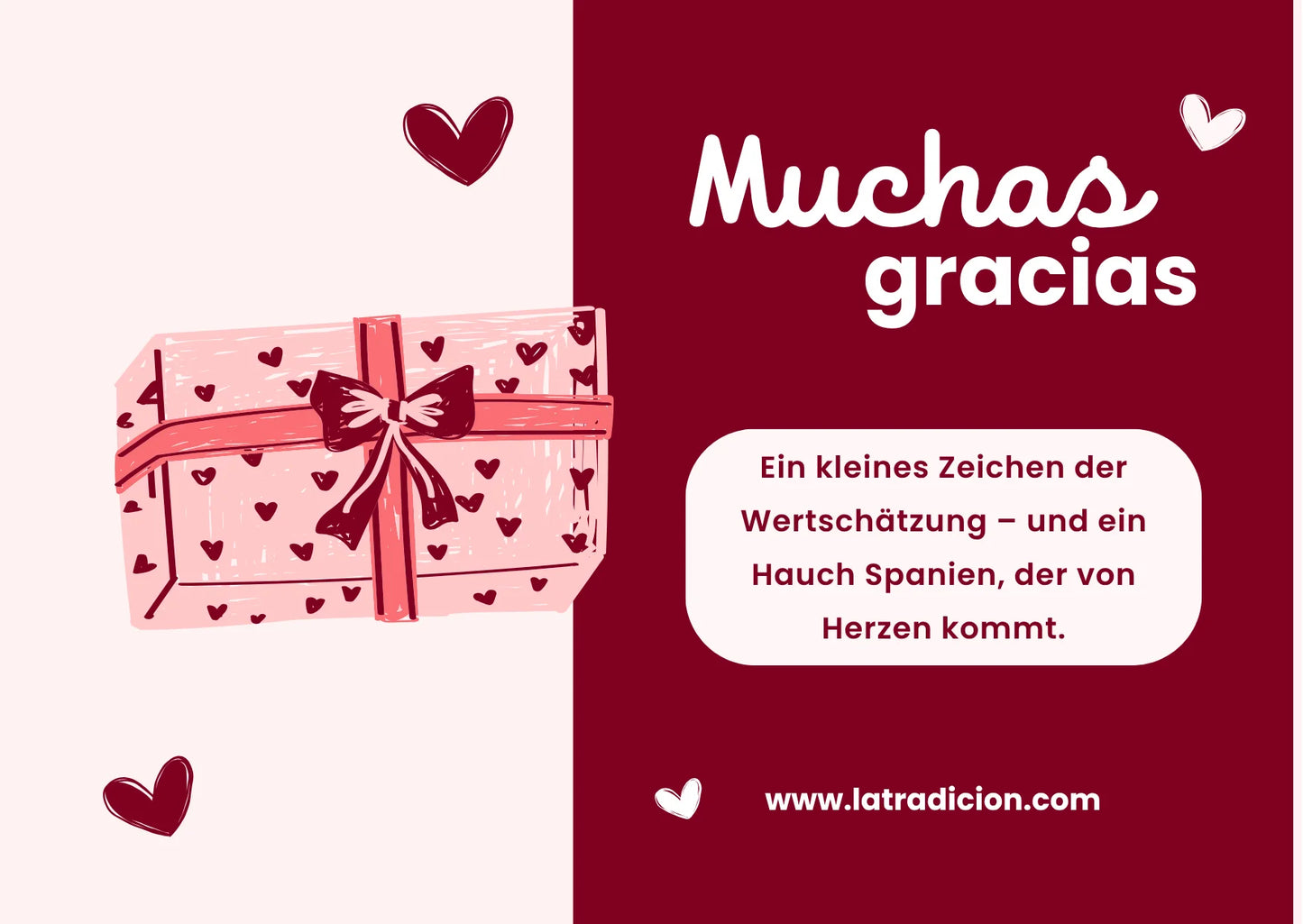 Dankeschön-Geschenkkarte in Rot mit Geschenkbox und spanischem Gruß.