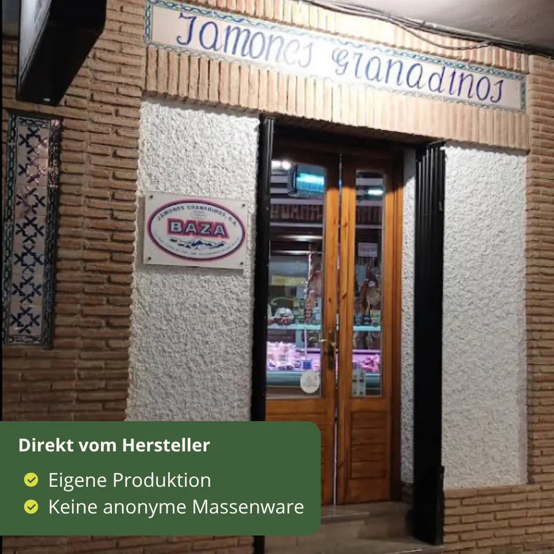 Direktverkauf von Jamones Granadinos Baza in Granada. Eigene Produktion ohne Zwischenhaendler fuer authentischen Jamon Serrano aus Spanien.