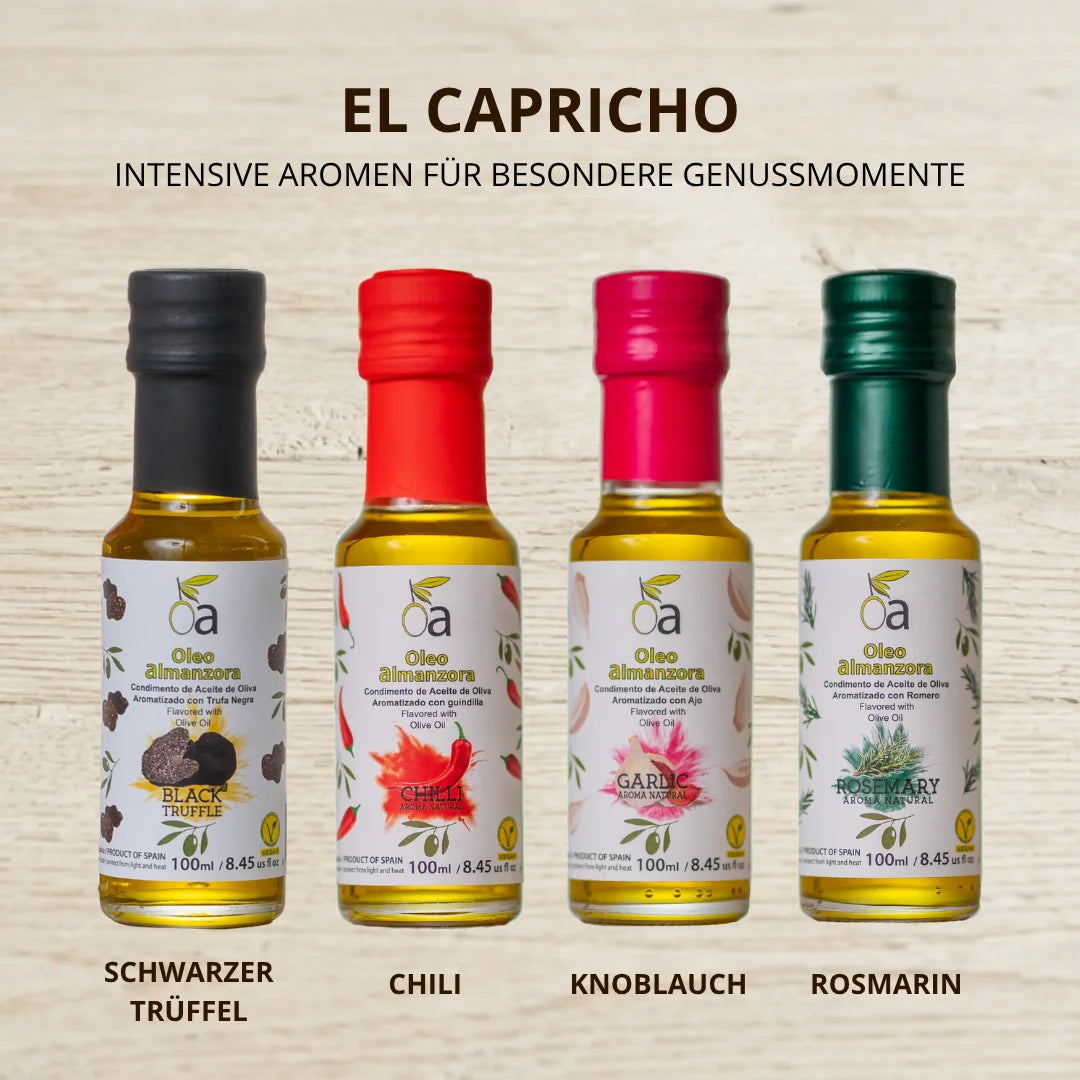 Aromatisierte Olivenoele Set mit schwarzem Trueffel, Chili, Knoblauch und Rosmarin fuer intensive Geschmackserlebnisse