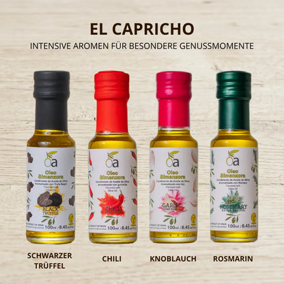 Aromatisierte Olivenoele Set mit schwarzem Trueffel, Chili, Knoblauch und Rosmarin fuer intensive Geschmackserlebnisse
