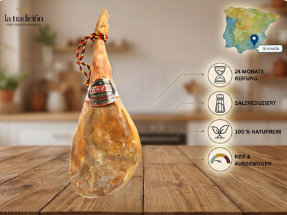 Ganzer Jamón Serrano Gran Reserva von Baza aus Granada mit 24 Monaten Reifung, naturrein und ausgewogen im Geschmack.