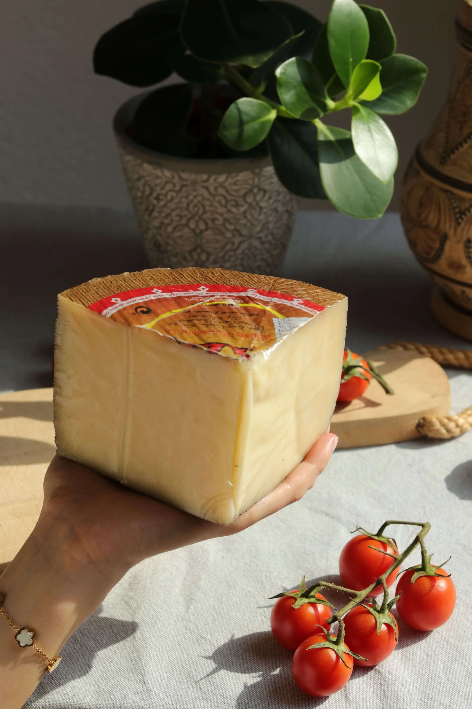 Gereifter Mischkäse (Queso de Mezcla Curado) als großes Stück mit brauner Rinde, auf einer Hand gehalten, daneben Rispe roter Cherrytomaten