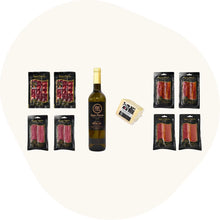 Geschenkset mit acht Aufschnittpackungen Pata Negra Vorderschinken, Chorizo, Salami und Schweinelende, ergänzt durch Manchego-Käse und Weißwein. Hochwertige spanische Feinkost in edler Präsentation.