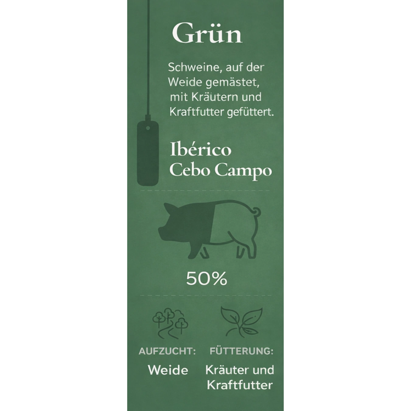 Grüne Qualitätskennzeichnung für Ibérico Cebo Campo, 50% Ibérico, Aufzucht auf der Weide, Fütterung mit Kräutern und Kraftfutter.
