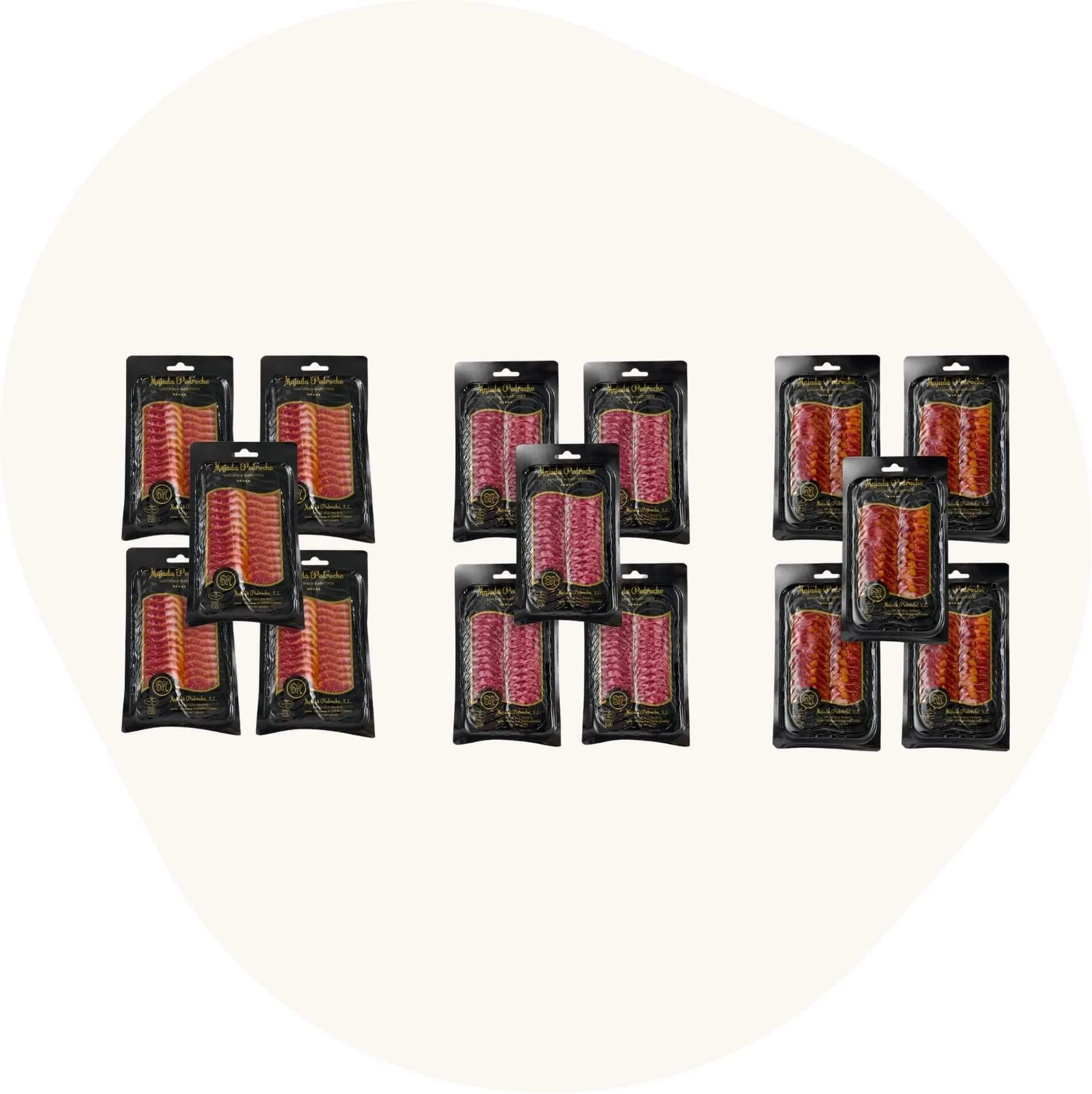 Großes Set mit 15 spanischen Wurstaufschnitten je fünf Packungen Chorizo, Salami und Schweinelende. Ideal für Feinschmecker, Tapas-Abende und Geschenke. Hochwertige Produkte aus den Pedroches.
