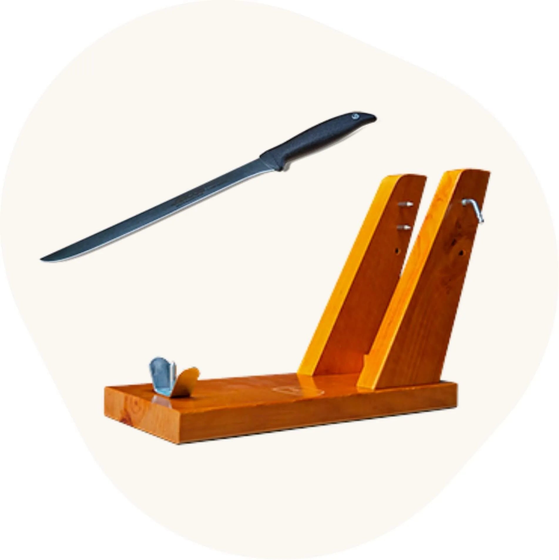 Holz-Schinkenständer mit schwarzem Schinkenmesser – praktisches Set zum sicheren Aufstellen und präzisen Schneiden von ganzen Pata-Negra- oder Serrano-Schinken. (1)