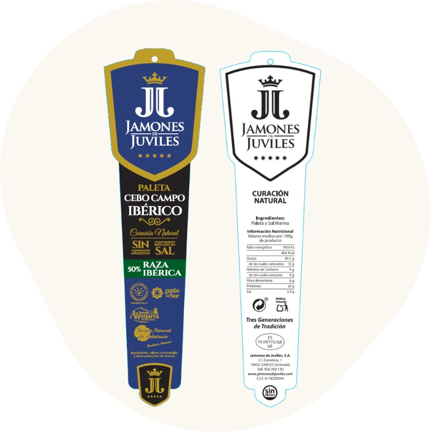 Originales Etikett der Ibérico Cebo Campo Paleta von Jamones de Juviles mit Angaben zu 50 % iberischer Rasse, natürlicher Reifung, Zutaten und Nährwerten
