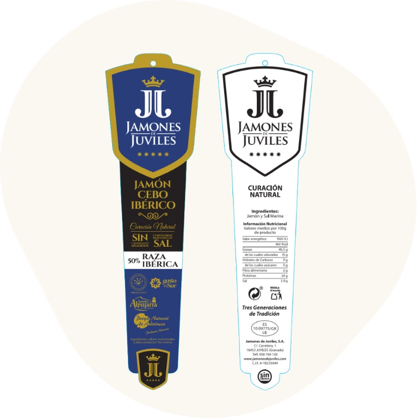 Originales Etikett des Ibérico Cebo Schinkens von Jamones de Juviles mit Angaben zu 50 % iberischer Rasse, natürlicher Reifung, Zutaten und Nährwerten