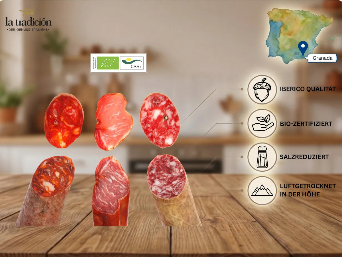 Verschiedene luftgetrocknete Iberico BIO Wurstsorten aus Spanien mit langsamer Naturreifung und intensivem Geschmack.