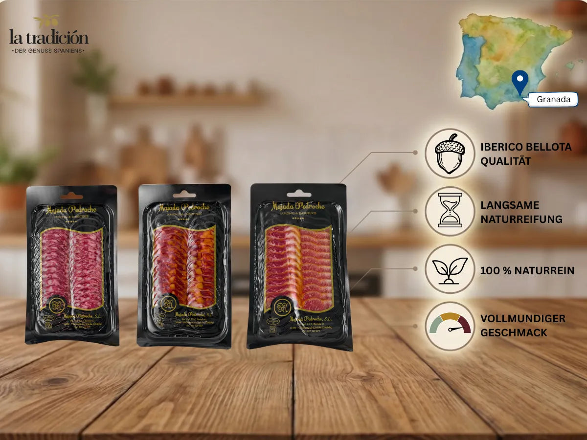 Drei vakuumverpackte Iberico Bellota Aufschnittsorten aus Córdoba von Majada Pedroche mit langsamer Naturreifung.