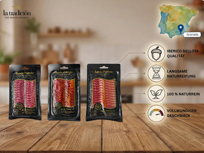 Drei vakuumverpackte Iberico Bellota Aufschnittsorten aus Córdoba von Majada Pedroche mit langsamer Naturreifung.