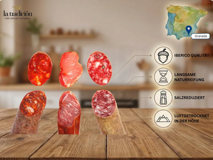 Verschiedene luftgetrocknete Iberico Wurstsorten aus Spanien mit langsamer Naturreifung und intensivem Geschmack.