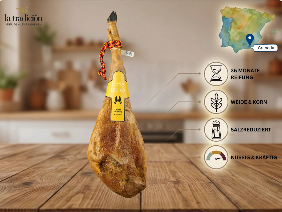 Geschnittener Jamón Ibérico 50 % iberische Rasse von Casa Ibera mit 36 Monaten Reifung, salzreduziert und nussig-kräftigem Geschmack.
