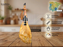 Jamón Ibérico Bellota 100 % Pata Negra aus Spanien mit 50 Monaten Reifung, freilaufender Eichelmast und intensiver Aromatik.