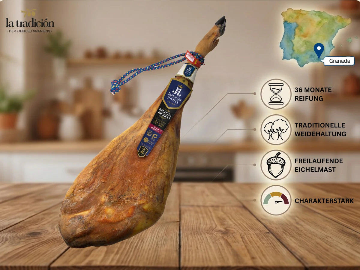 Jamón Ibérico Bellota aus traditioneller Weidehaltung mit 36 Monaten Reifung und intensiven Aromen.